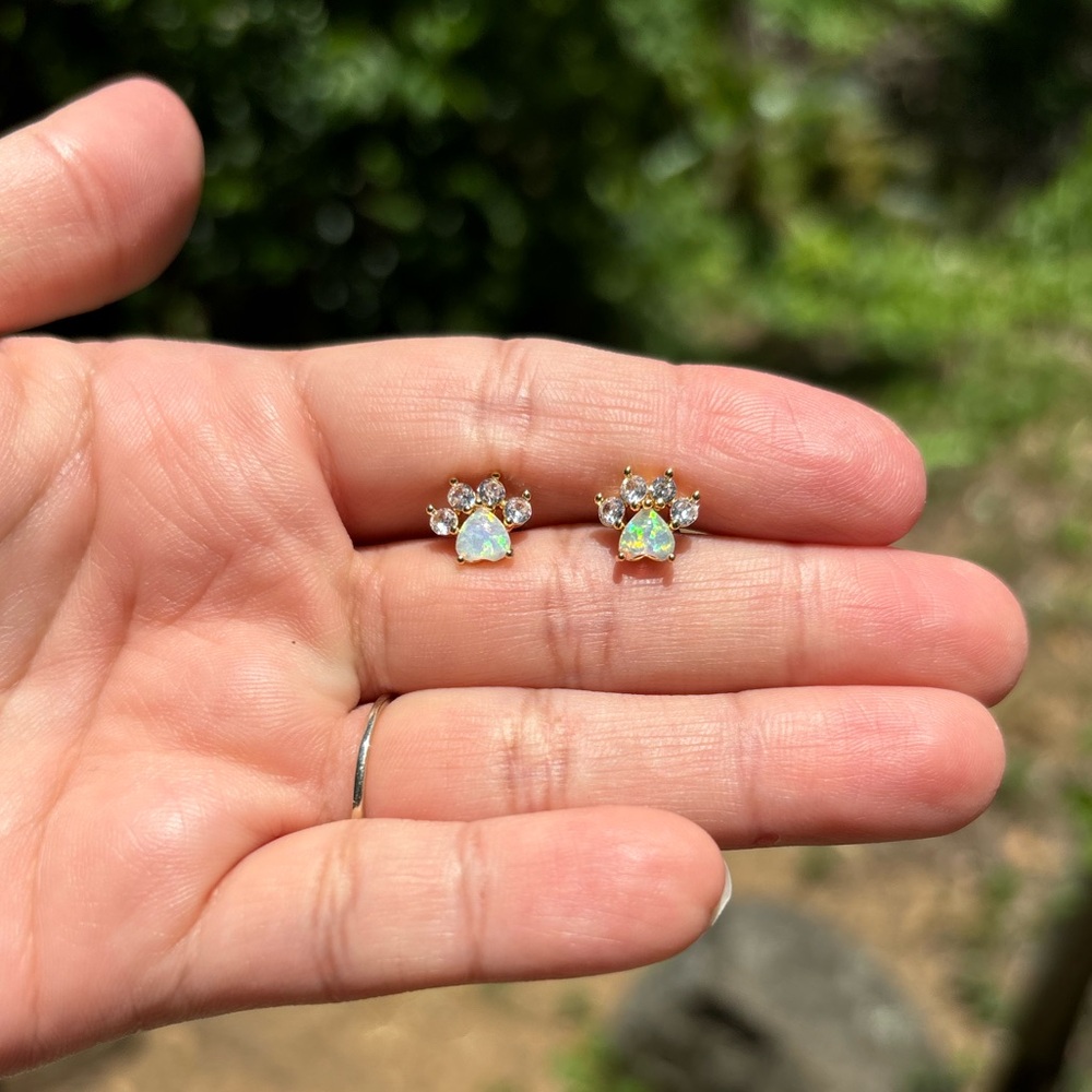 18K Gold Plated Stainless Steel Opal Stone and Diamond Paw Stud Earrings